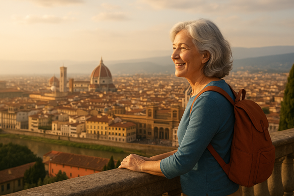 Lady Standing On Balcony Looking At City Below